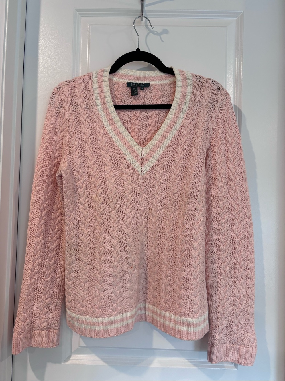 Ralph Lauren Pink Cable-Knit V-Neck Sweater with Cream Trim